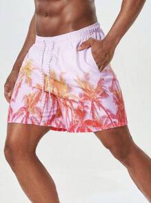 Surfspeed Men's Coconut Tree Printed Drawstring Waist Beach Shorts - Multicolor - View 5