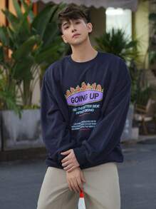 DAZY Men's Letter Print Crewneck Sweatshirt For Autumn/Winter - Navy Blue - View 3