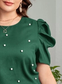 SHEIN Clasi Plus Size Beaded Detail Puff Short Sleeve Blouse - Dark Green - View 5