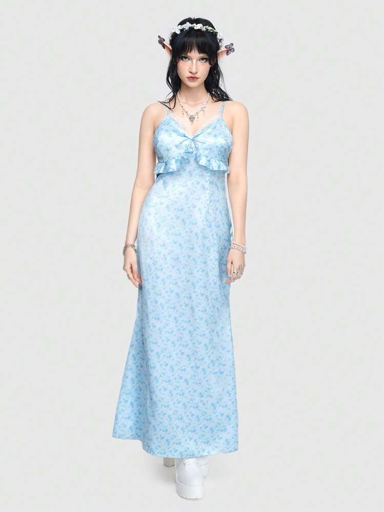 ROMWE Fairycore Vestido Ajustado Con Cola De Pez Y Estampado Floral De La Moda De Los Elfos Del Bosque Y Con La Espalda Descubierta - Azul - Añade 5