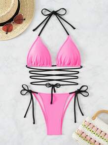 SHEIN Swim Color Block Bikini Set With Edging, Knotting Detail And Side Ties Summer - Multicolor - View 3