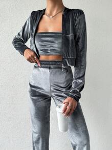 EURMUSE 3pcs Women Casual Solid Color Tube Top Hoodie And Pants Set - Silver - View 3