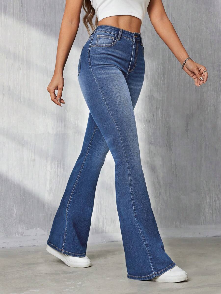 SHEIN Tall 女士貓鬚喇叭牛仔褲 - 深色水洗藍 - 查看 1