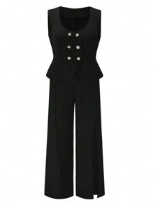 SHEIN Clasi Conjunto De Traje De Color Sólido De Talla Grande - Negro - Ver 2