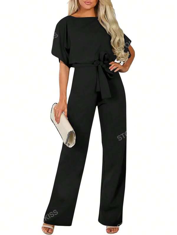 Solid Batwing Sleeve Belted Jumpsuit
