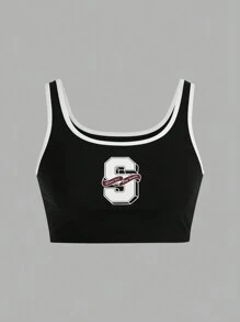 SHEIN Sujetador de cuatro estaciones para mujer con impresión de letras y ribete de contraste