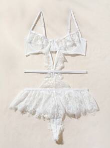 Spicy Aura Women's White Sheer Polyester Spaghetti Strap Sexy Lingerie Set With Lace Details - White - View 3