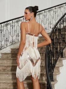 SHEIN Belle Ladies' Sequined Patchwork Tassel Spaghetti Strap Cocktail Dress - Gold - View 3