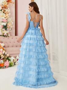 SHEIN Belle Women's 3d Floral Multi-Layer Ruffle Trim See-Through Mesh High Slit Cross-Back Strap Evening Dress - Blue - View 3