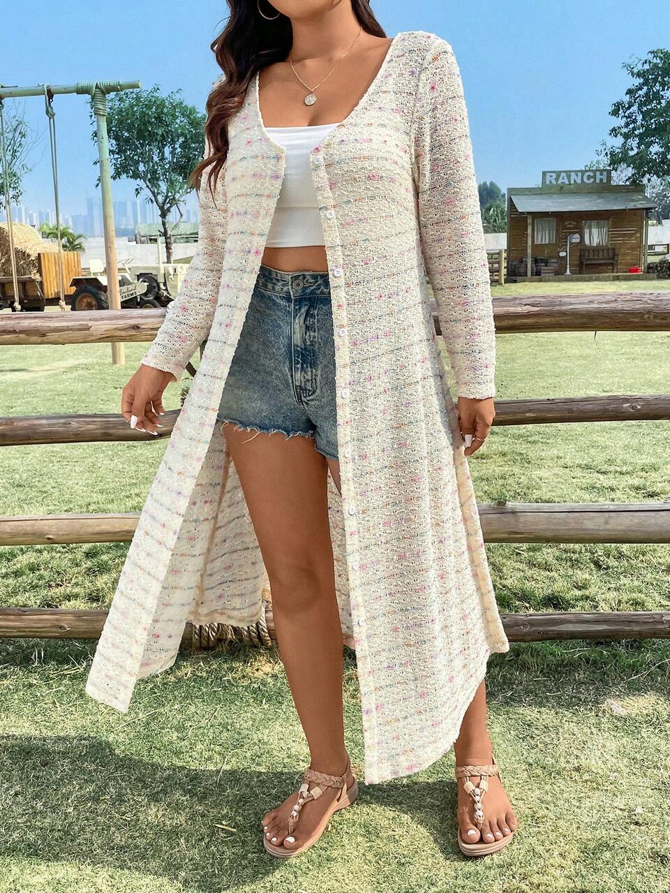Plus Size Women'S Colorful Hollow Out Long Sleeve Coat