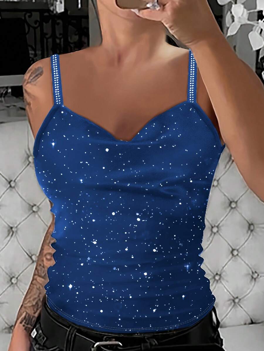 SHEIN LUNE 女款水鑽裝飾吊帶背心 - 藍色 - 查看 1