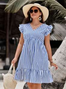 SHEIN VCAY Plus Size Striped Ruffle Trimmed Cruise Outfits Dress - Multicolor - View 5