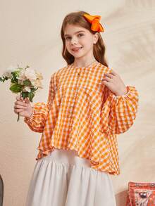 SHEIN Camisa De Cuadros De Línea A Vintage Suelta Para Niñas - Naranja - Ver 5