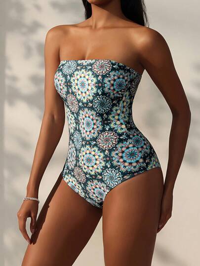 Polina Brazil Traje de baño de una pieza sin tirantes estampado con mandala, de estilo boho bohemio, para vacaciones de verano, playa, fiestas, festivales, Ibiza