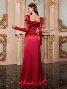 solid color long sleeve slim-fit sweetheart elegant formal evening gowns - Red - View 2