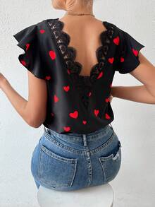 SHEIN Frenchy 女款拼布蕾絲心型印花襯衫 - 黑色 - 查看 6