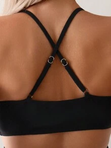 SHEIN Swim 夏季女士纯色链条交叉比基尼套装 - 黑色 - 查看 3