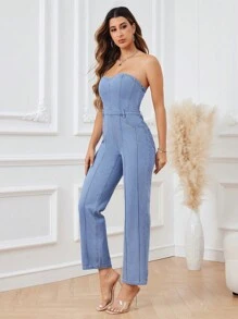 SHEIN Privé Damen Denim Trägerloser Jumpsuite Mit Geraden Beinen