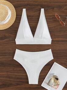 SHEIN Swim Summer Beach Solid Colored Textured Bikini Set - White - View 3