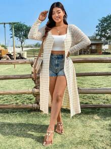 Flirla Plus Size Women'S Colorful Hollow Out Long Sleeve Coat - Multicolor - View 5