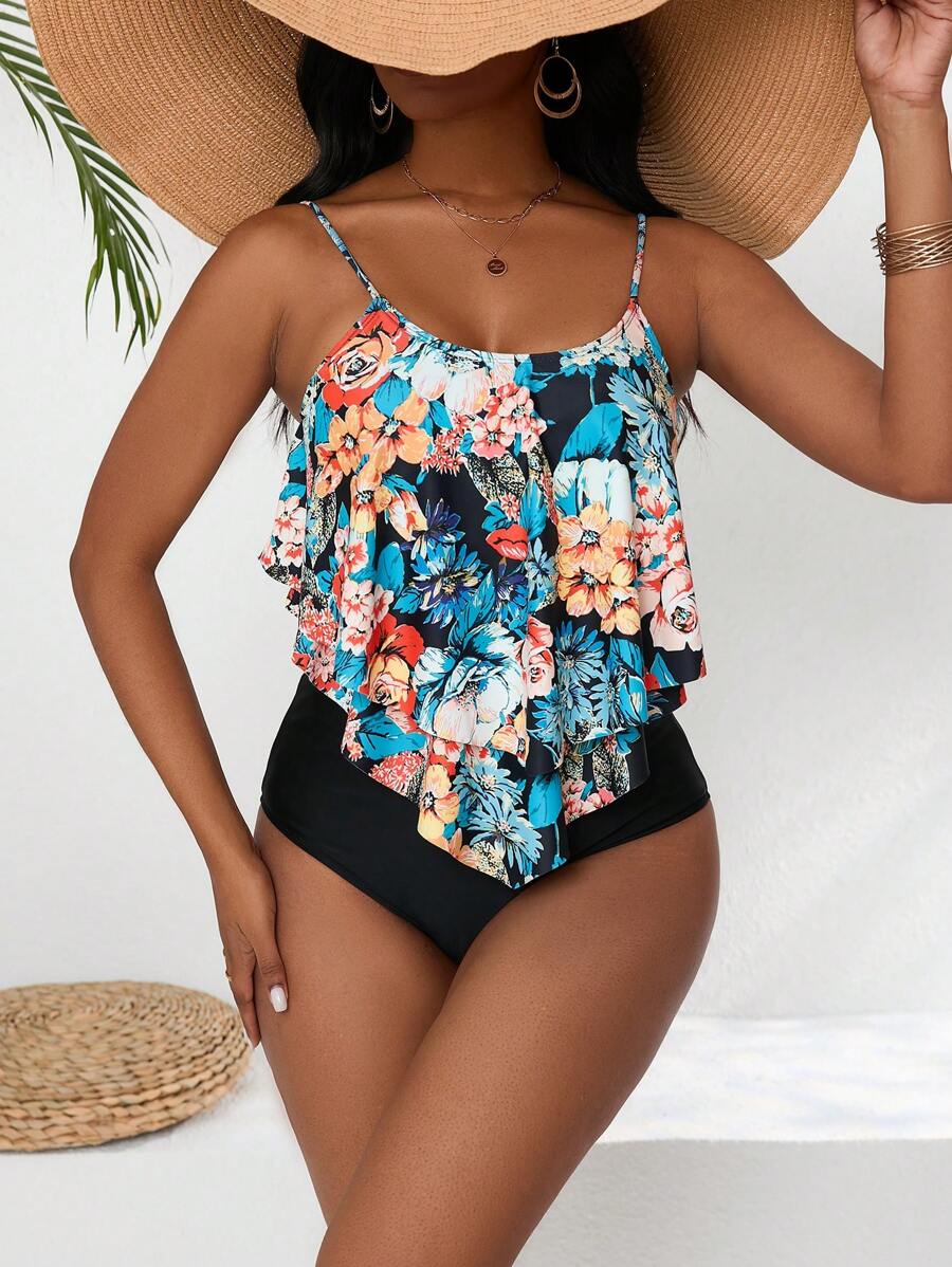 SHEIN Swim 女士植物印花背心cami比基尼 - 彩色 - 查看 1