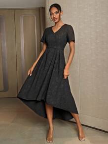 SHEIN Belle V領短袖提花高低伴娘禮服 - 黑色 - 查看 1