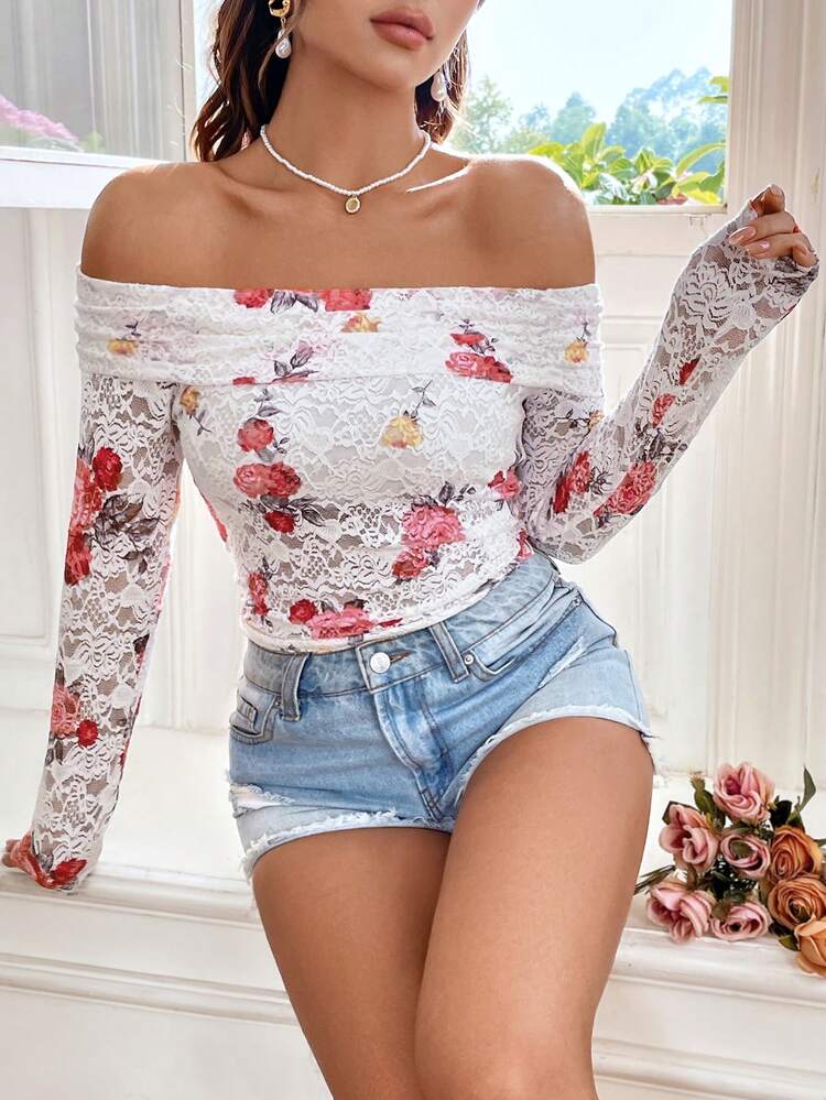 Women's Off Shoulder Long Sleeve Floral Lace Top