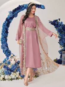 Al Najma 1set Women's Round Neck Long Sleeve Dress And Embroidered Mesh Jacket 2 Piece Set Fall Cloth For Women - Pink - View 7