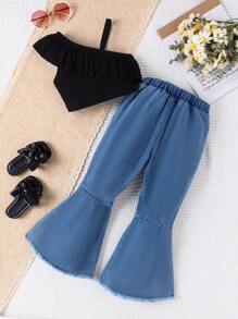 SHEIN Young Girl Spring/Autumn Fashionable & Elegant Sleeveless Cami Top And Bow Detail Flare Leg Jeans Set - Black - View 2