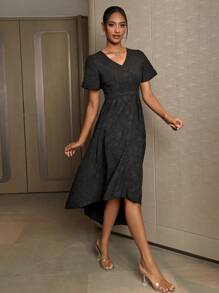 SHEIN Belle V領短袖提花高低伴娘禮服 - 黑色 - 查看 6