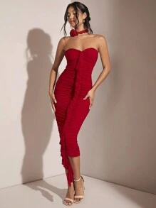 SHEIN BAE 紅色情人節拉皺無肩帶中長禮服，褶邊裝飾和緞帶裝飾，非常適合浪漫約會 - 紅色 - 查看 1