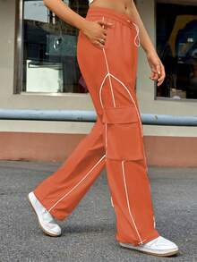 Street Double Drawstring Waist Flap Pocket Cargo Pants - Orange - View 4