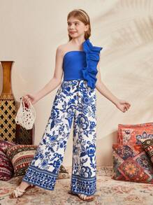 SHEIN Leap Crew Tween Girls' Loose Cute Belt Decor Elastic Waist Vacation Style Printed Wide Leg Pants - Blue and White - View 5
