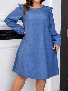 SHEIN LUNE Langärmliges Damenkleid In Übergröße Mit Gerüschter Saumverzierung