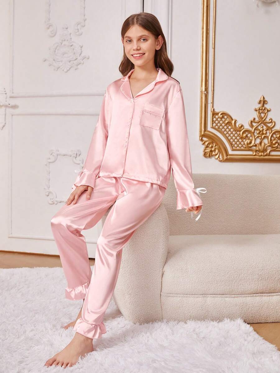 青少年女孩简约纯色长袖 T 恤和裤子睡衣套装，袖口和下摆带褶边 - 淺粉色 - 查看 1