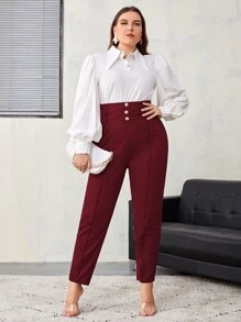 SHEIN Privé 女裝加大尺碼純色釦子細節錐形褲 - 酒紅色 - 查看 3