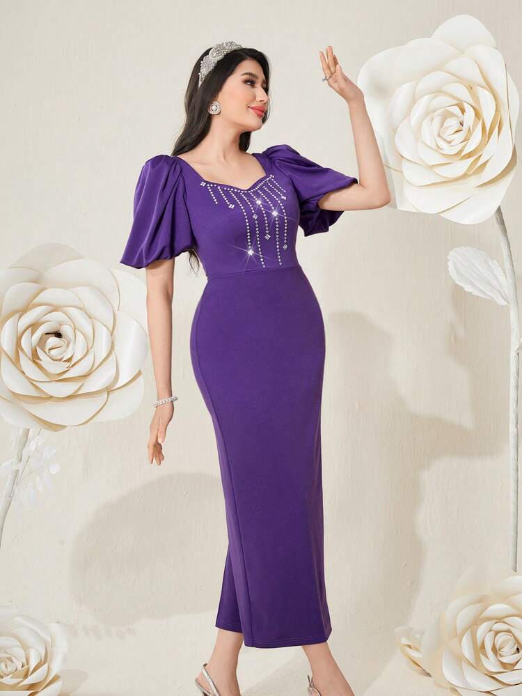 Women'S Rhinestone Studded Short Puff Sleeve Bubble Dress,Elegant Evening Party Dress Long Evening Dresses