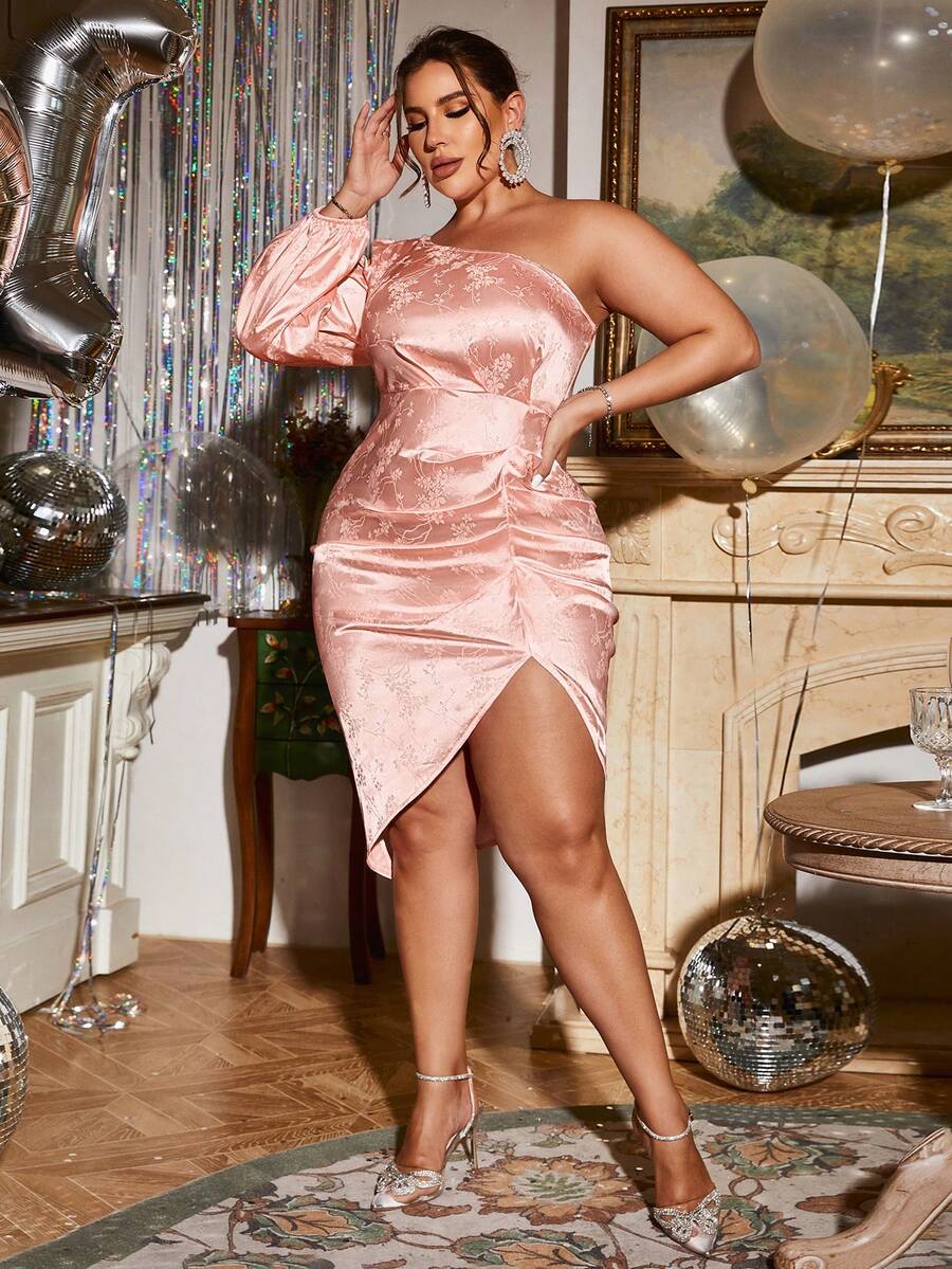 Glamaker 大尺碼一字肩長袖緞面提花連身裙 - 粉色 - 查看 1