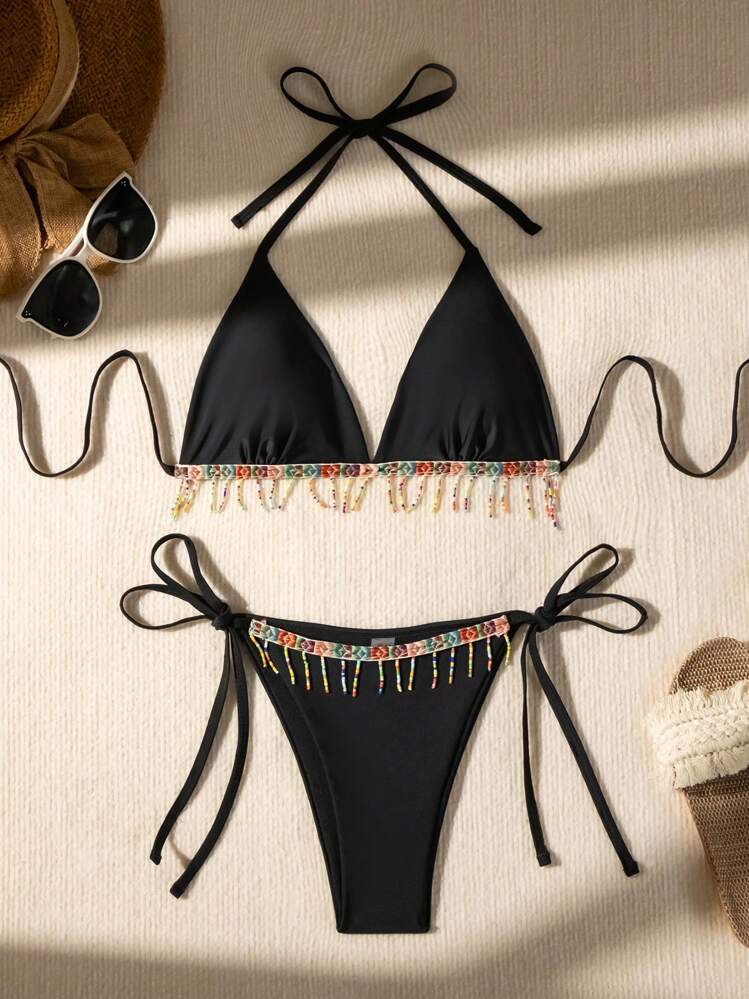 SHEIN Swim Summer Women'S Two-Piece Rhinestone Decorated Black
