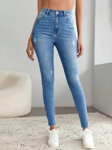 SHEIN Tall Ripped Slim Fit Denim Jeans - Medium Wash - View 4