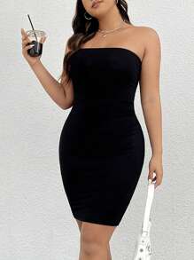 SHEIN EZwear Dress Ukuran Plus Backless Plain Seksi - Hitam - View 1