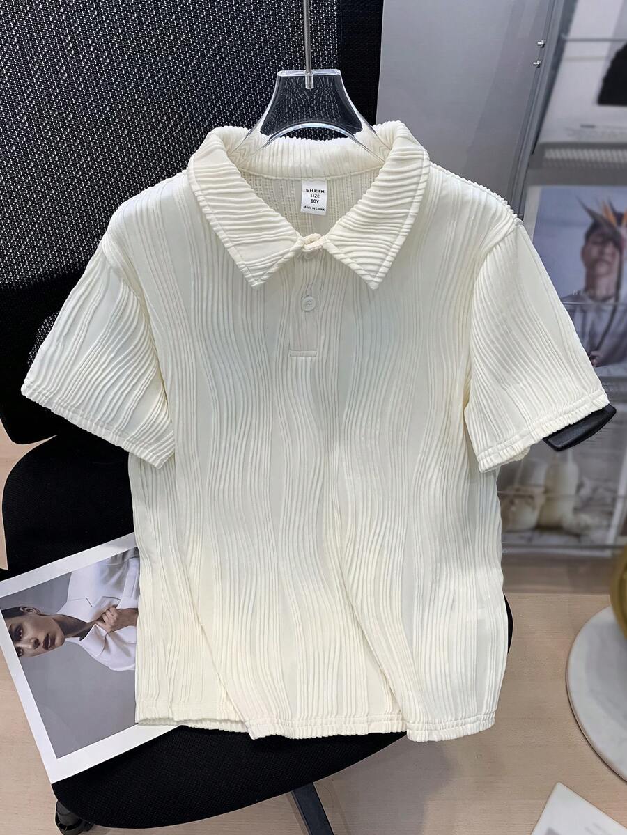 SHEIN 青少年男生休閒假期風格提花半排釦短袖針織Polo衫 - 杏色 - 查看 1