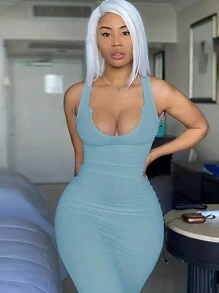 SHEIN Slayr 女士實心修身緊身連衣裙 - 薄荷藍 - 查看 3