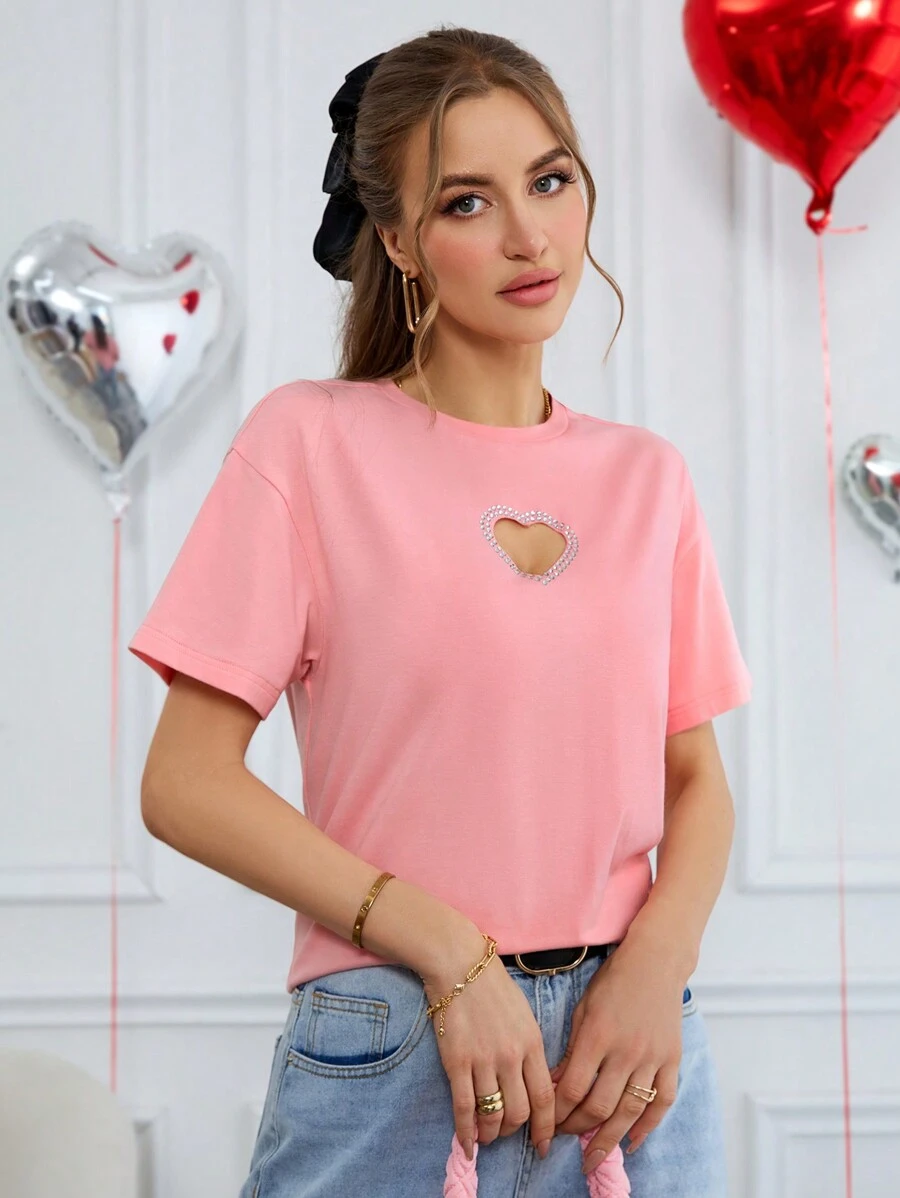SHEIN Essnce 情人節粉色心形剪裁短袖t恤,春季綴有閃閃發光的水晶鑽 - 粉色 - 查看 1