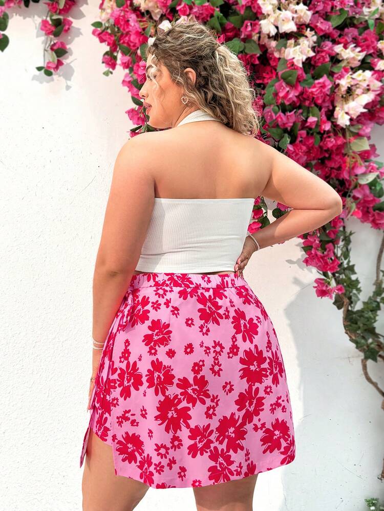 Plus Size Solid Color Drawstring Halter Top & Flower Print Skirt Two Piece Set