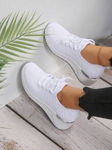 Giày thể thao đế xuồng thường ngày cho nữ, vải thun co giãn mới mùa xuân, đế dày thoáng khí cỡ lớn, màu trắng - trắng - Xem 2