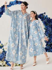 Al Najma Women's Fringed Sleeve Cuff Batwing Sleeve Dress With All-Over Floral Print