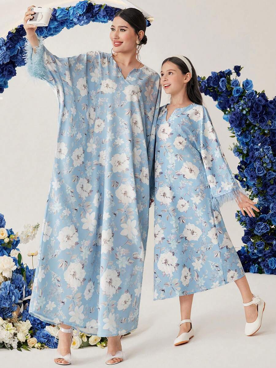 Al Najma Women's Fringed Sleeve Cuff Batwing Sleeve Dress With All-Over Floral Print