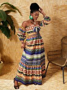 Slaydiva Đầm nữ trễ vai in họa tiết hình học, thích hợp cho kỳ nghỉ. - Nhiều màu - Xem 5