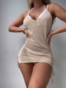 SHEIN Swim 女士帶肩帶的海灘遮陽衣 - 杏色 - 查看 4